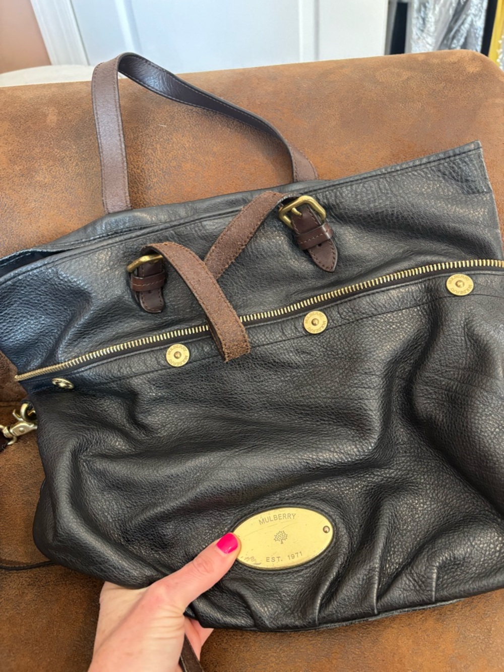 Mulberry Mitzy Tote - Black Leather Tote with Brown Straps and Brass Plaque